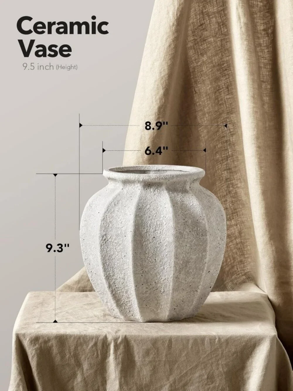 Textured White Ceramic Flower Vase, 9.3-Inch Rustic Home Decor Accent